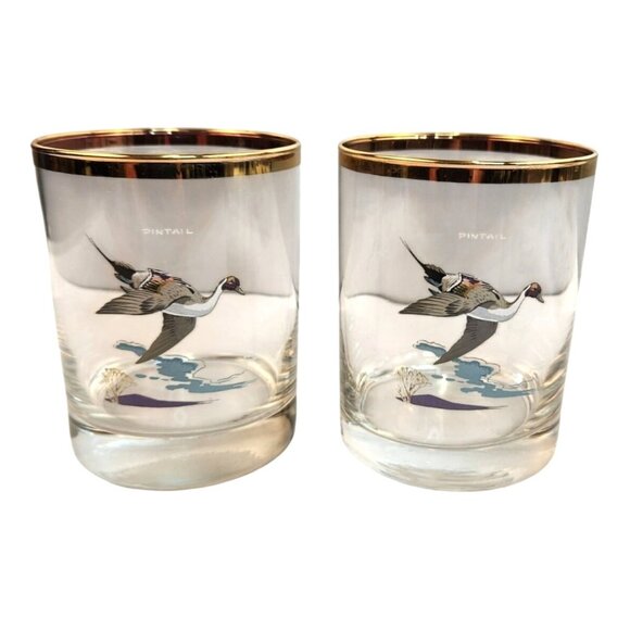 Culver Ned Smith 22k Gold Rim Duck Waterfowl Double Old-Fashioned Glasses Set Of - Picture 16 of 16